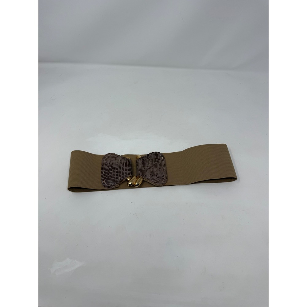 Womens Wide Elastic Cinch Belt Tan Brown Faux Reptile Gold Interlocking Buckle